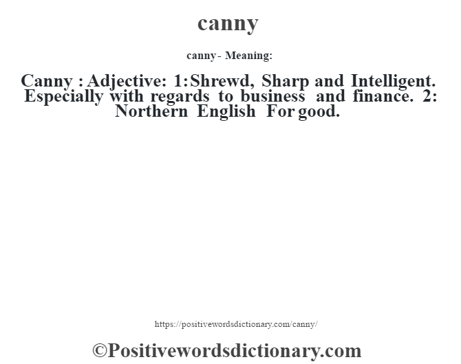 canny- Meaning:Canny  :  Adjective: 1: Shrewd, Sharp and Intelligent. Especially with regards to business and finance. 2: Northern English  For good.